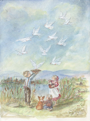 ターシャテューダー　絵　アートプリント ターシャ・テューダー 水彩画 サイン 《子供たち＆イラスト，全